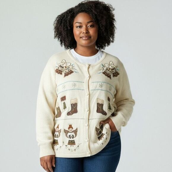 Vintage Bechamel Not Ugly Christmas Cardigan Sweater White Angels Stockings 2XL - Picture 1 of 6